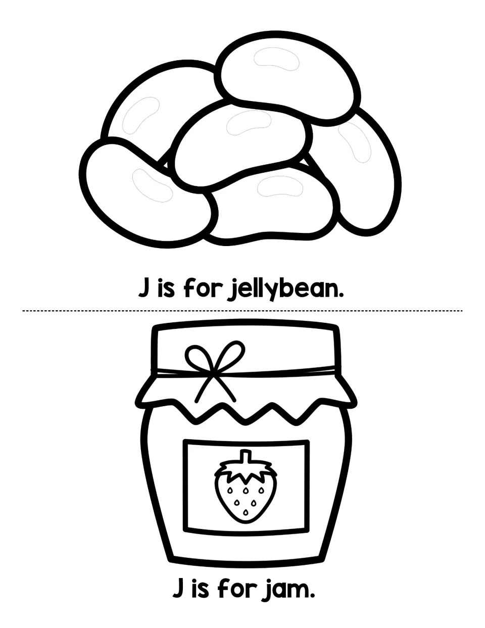 J sound pages: students read J is for jellybean and J is for jam, then color the jellybeans and strawberry jam jar