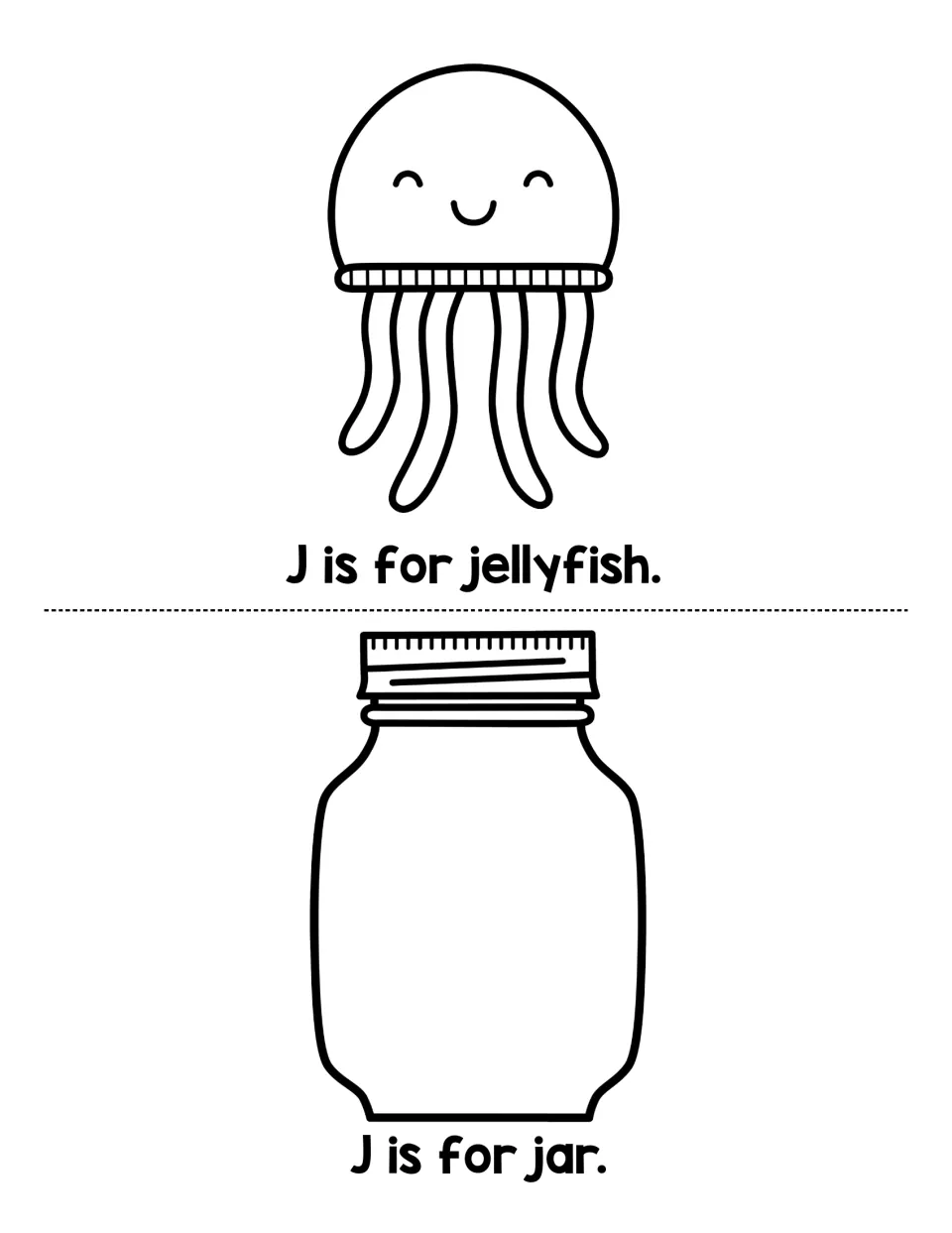 Initial J sound reading: students read J is for jellyfish and J is for jar and color a smiling jellyfish and an empty jar