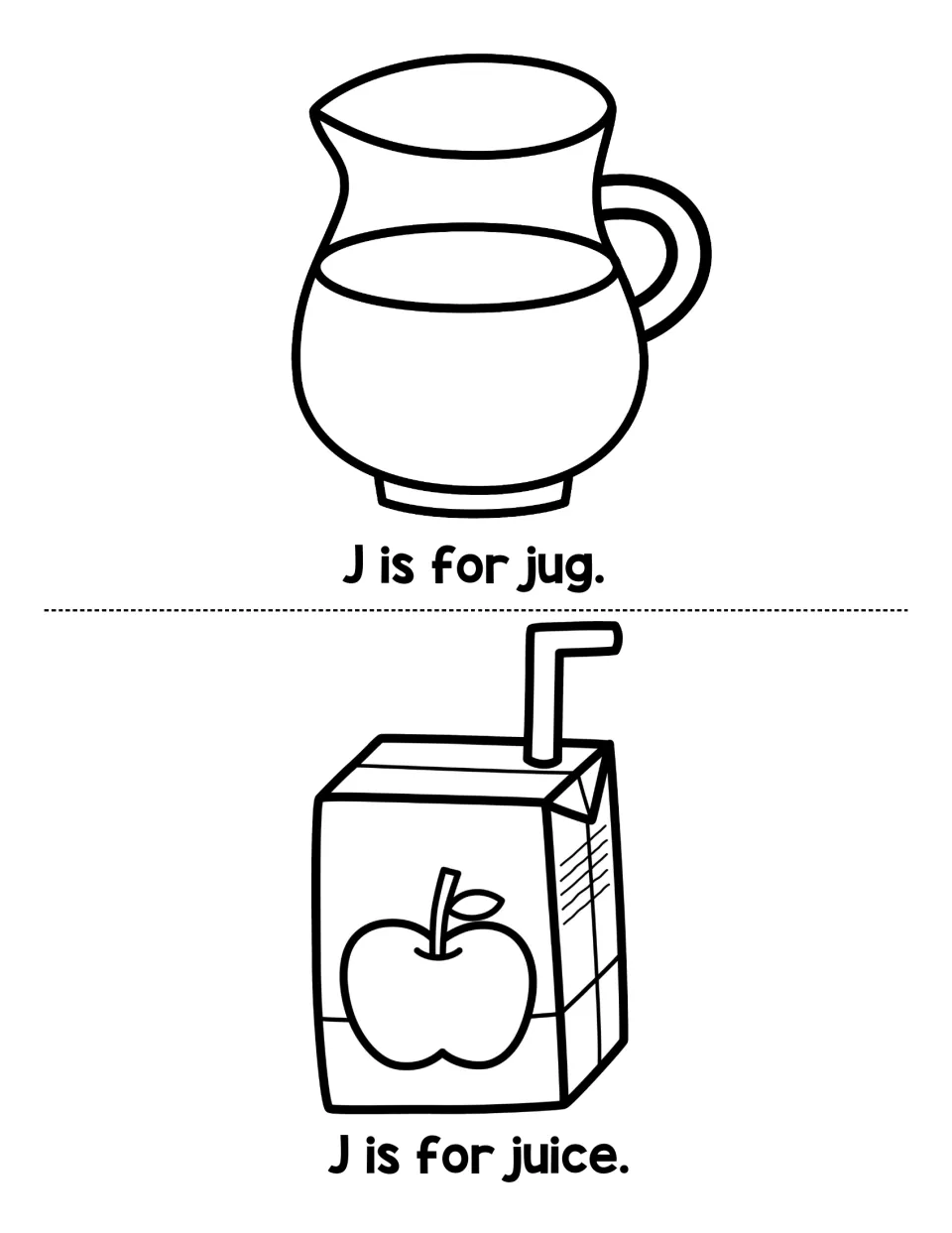 Last J words: students read J is for jug and J is for juice and color a jug and an apple juice box with a straw
