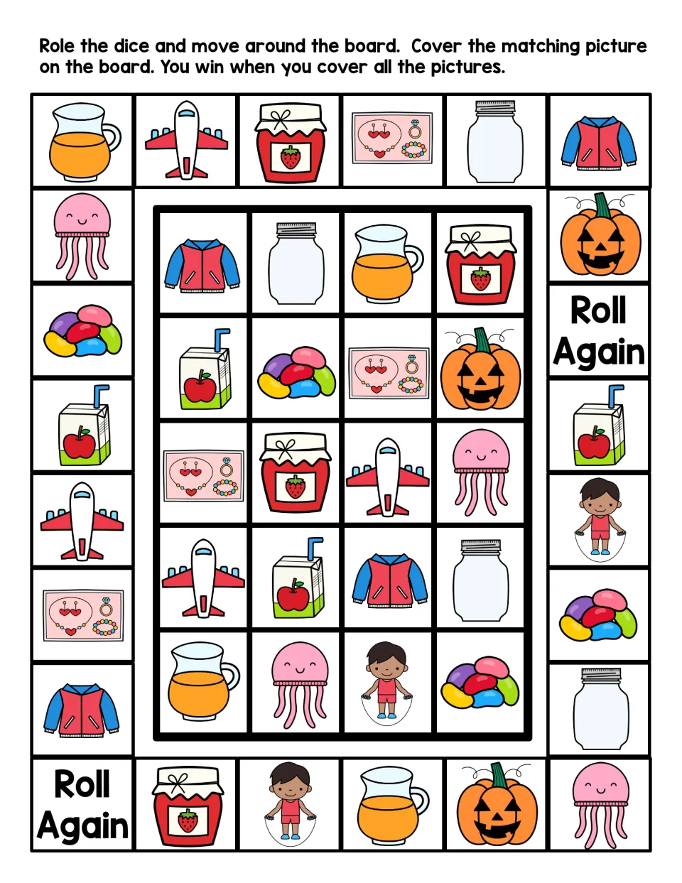 Letter J picture game: students roll a die, move around the board and cover matching jam, jet, jacket and jellyfish images