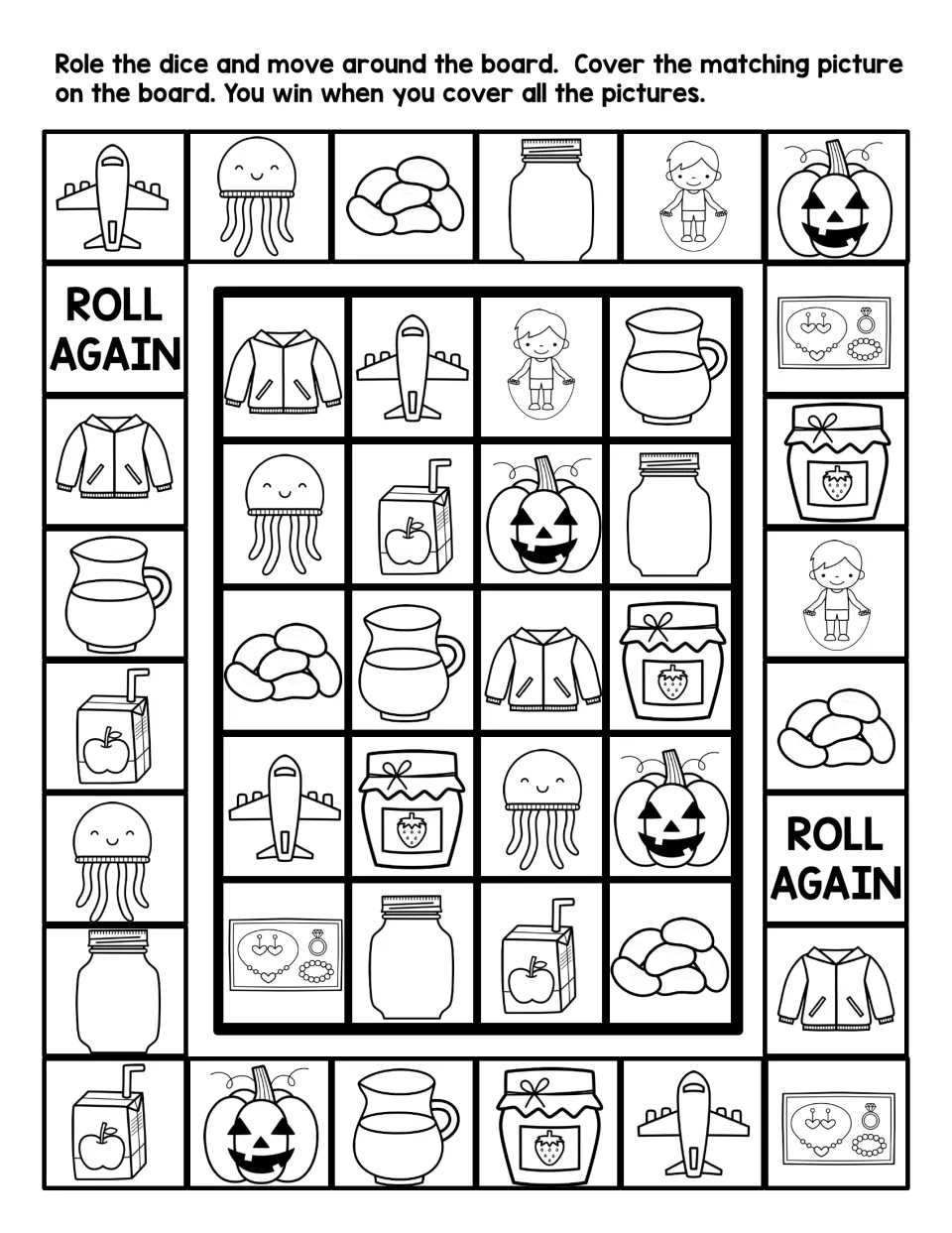 Black-and-white letter J board game: roll, move and cover matching pictures of a jar, juice box, jump rope and jelly beans