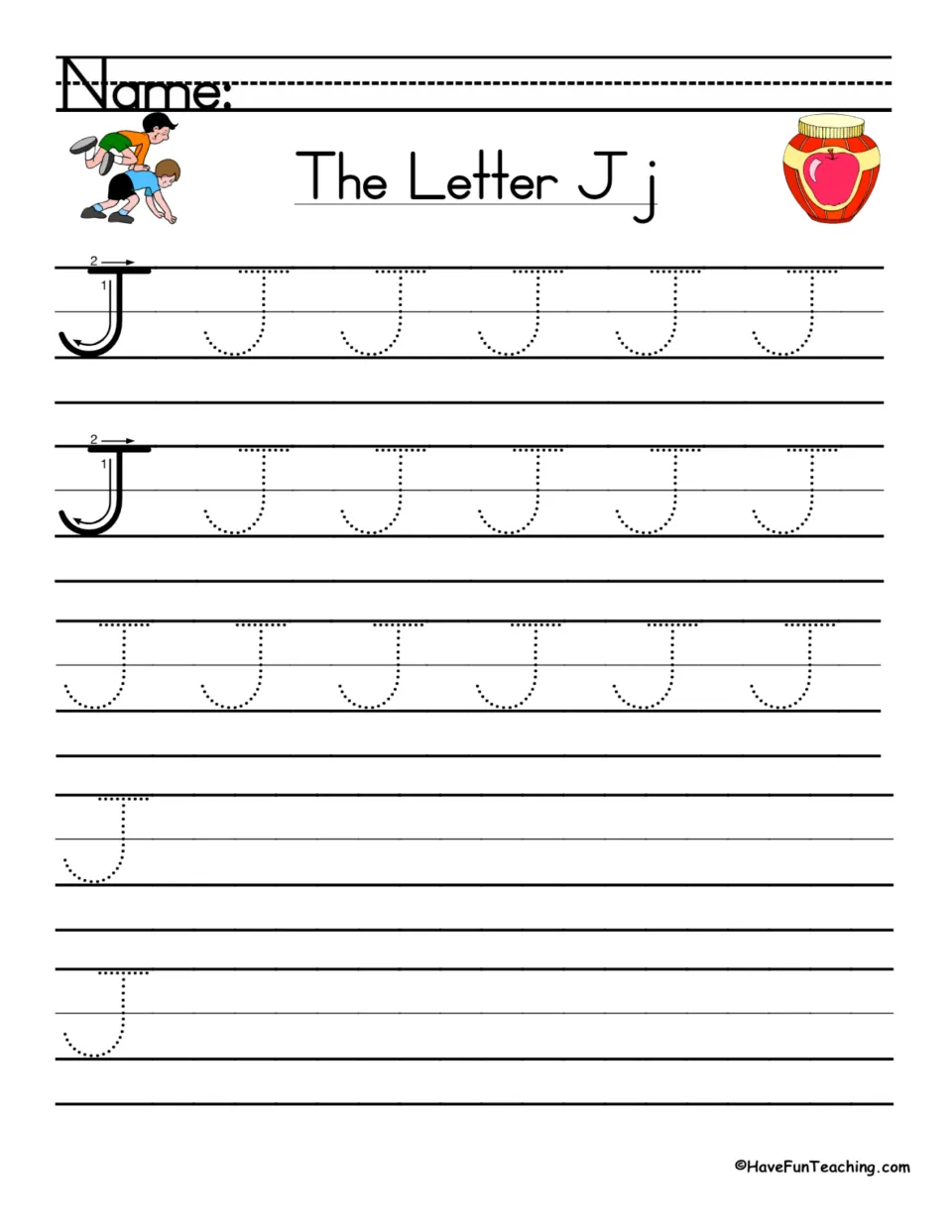 The Letter Jj: students trace dotted uppercase J using the numbered stroke model, then write J independently
