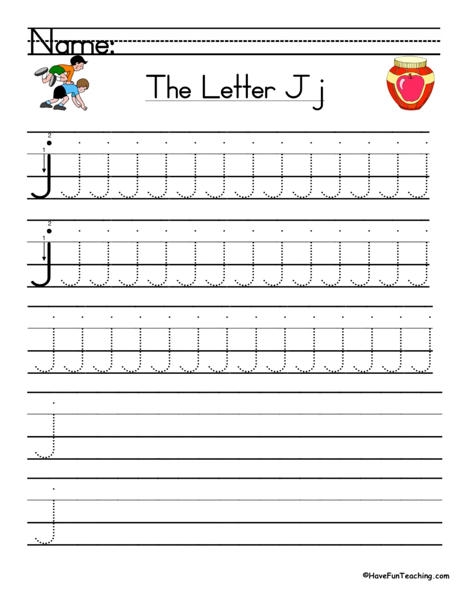 The Letter Jj: students trace dotted lowercase j following the numbered stroke-and-dot model, then write j independently