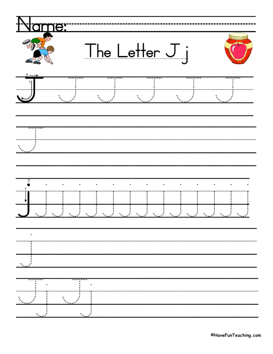 The Letter Jj review: students trace uppercase J and lowercase j from stroke models, then trace the letter pair Jj