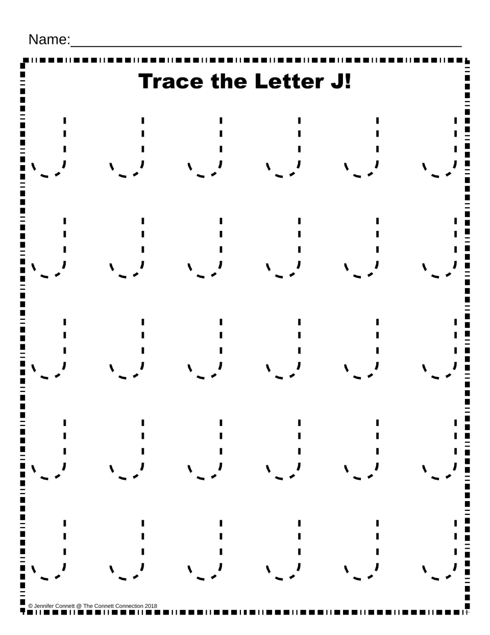 Trace the Letter J: students trace 30 dashed uppercase J letters to practise forming the capital J