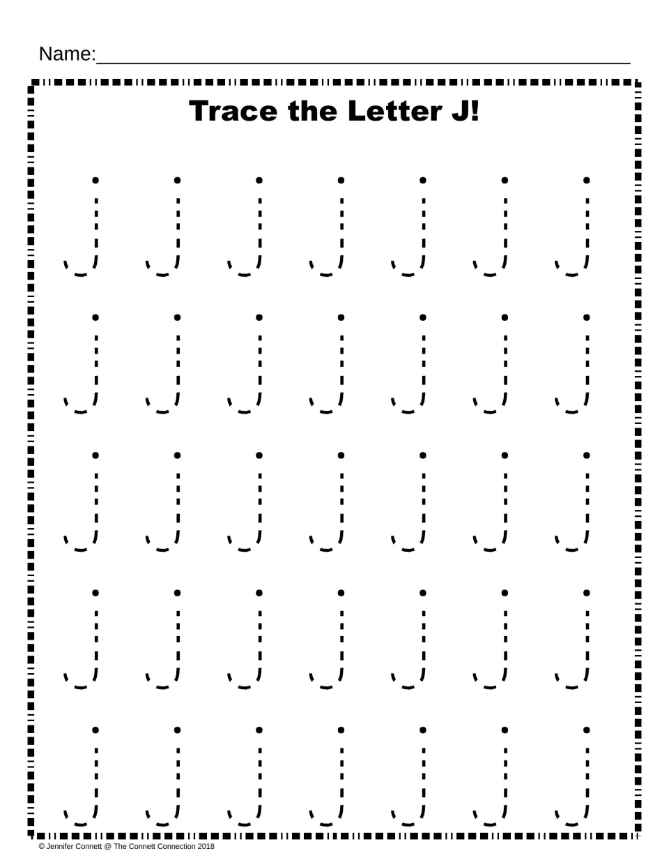 Lowercase j tracing practice: students trace 35 dashed lowercase j letters, each with its dot, to practise letter formation