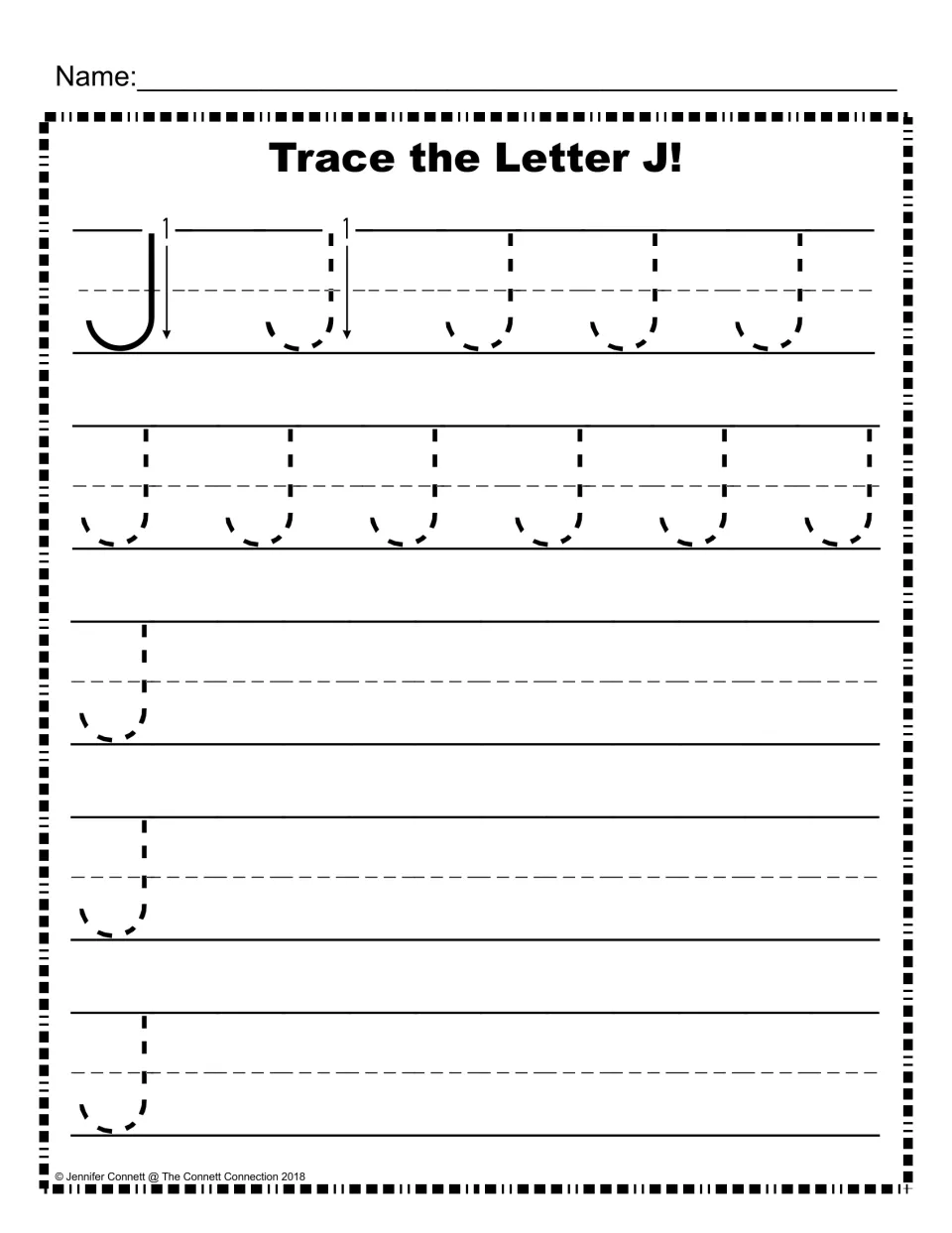 Capital J formation: a numbered arrow models the stroke, students trace dashed J letters, then write their own J