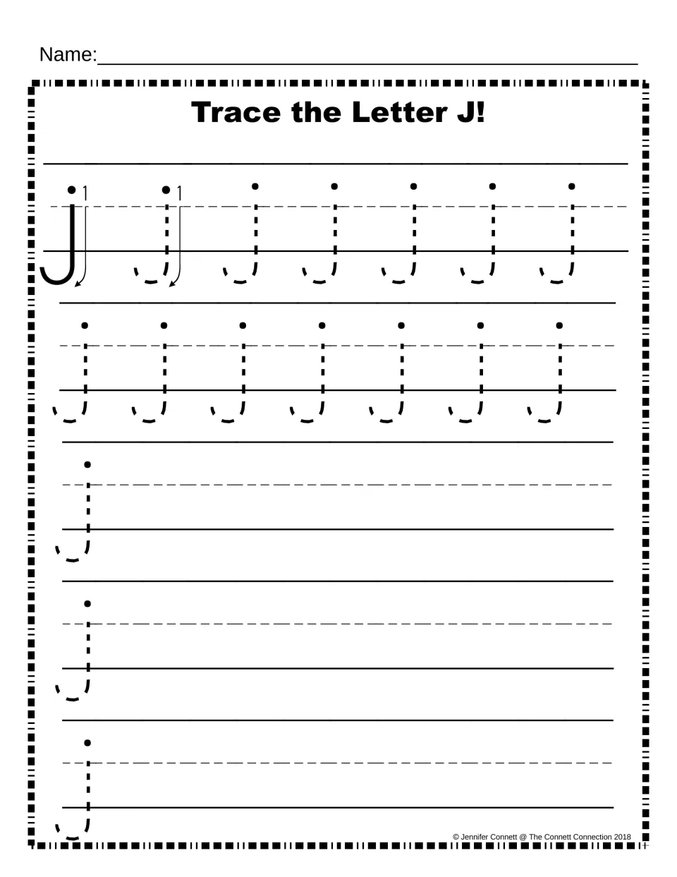 Lowercase j formation: a numbered arrow shows where to start, students trace dashed j letters and then write j on their own