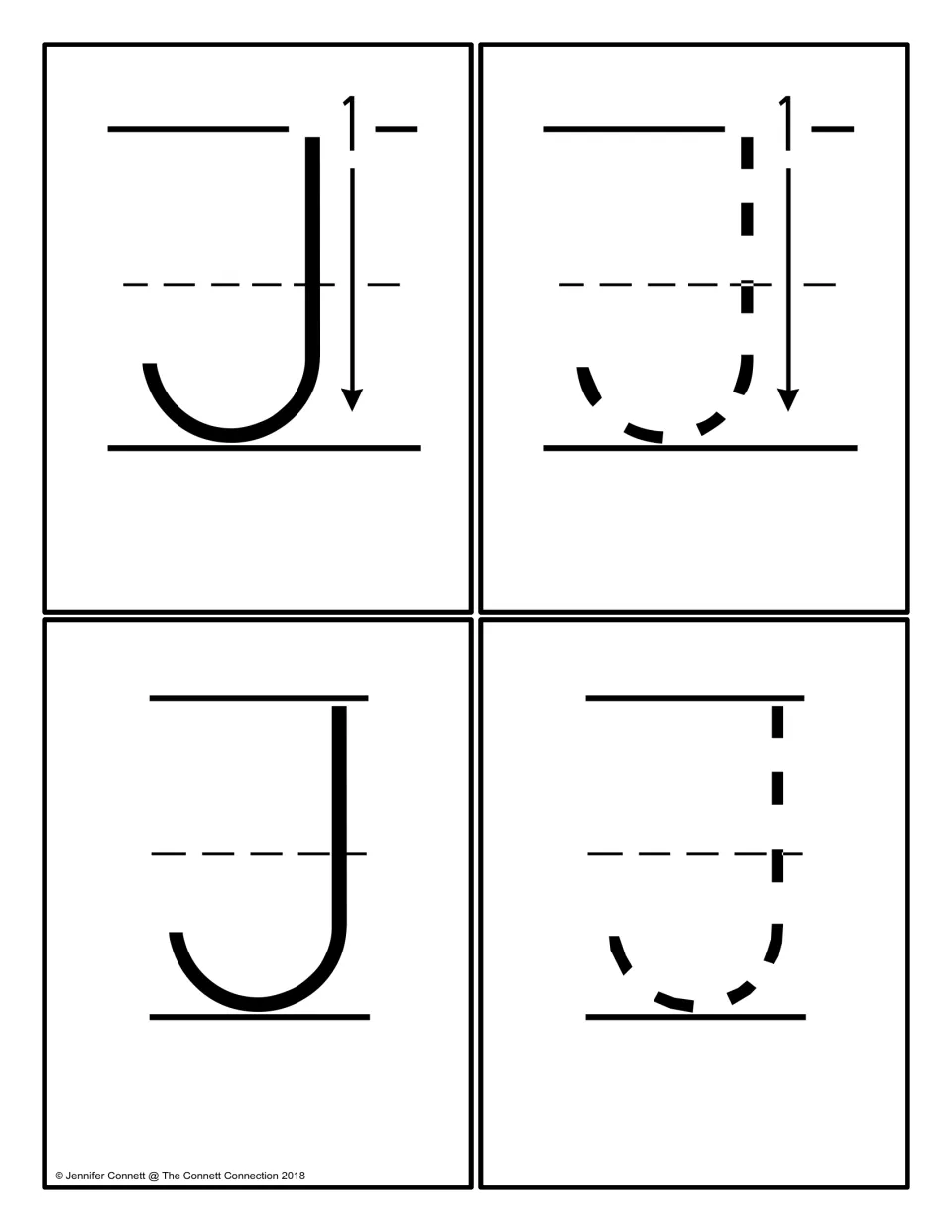 Uppercase J cards: four cards show a solid J and a dashed J, each with and without a numbered stroke-direction arrow