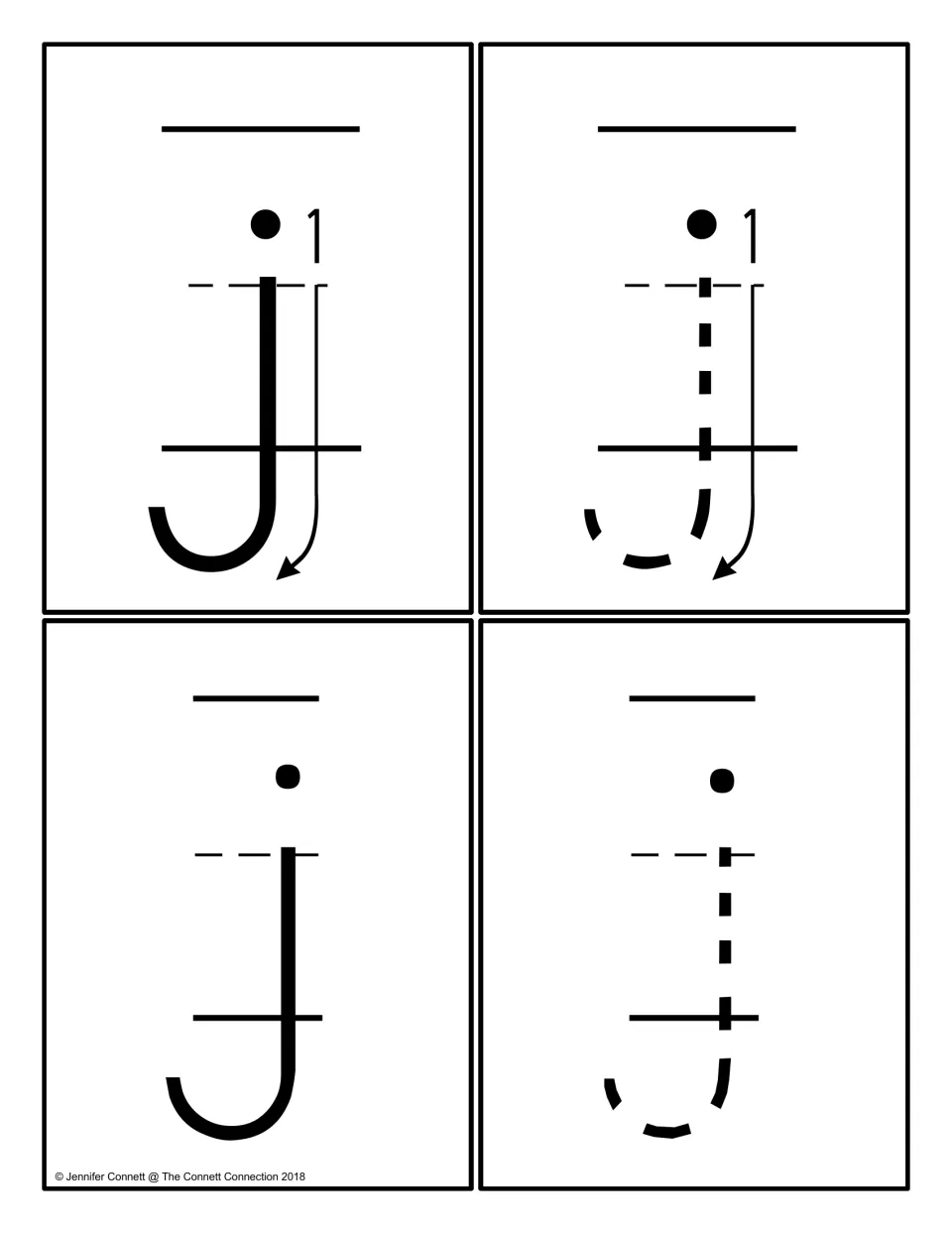 Lowercase j cards: four cards show a solid j and a dashed j, two with a numbered arrow showing where to start the stroke