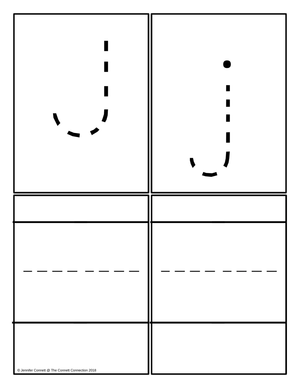 Letter J tracing cards: one dashed capital J, one dashed lowercase j, two blank writing cards for students to form J and j