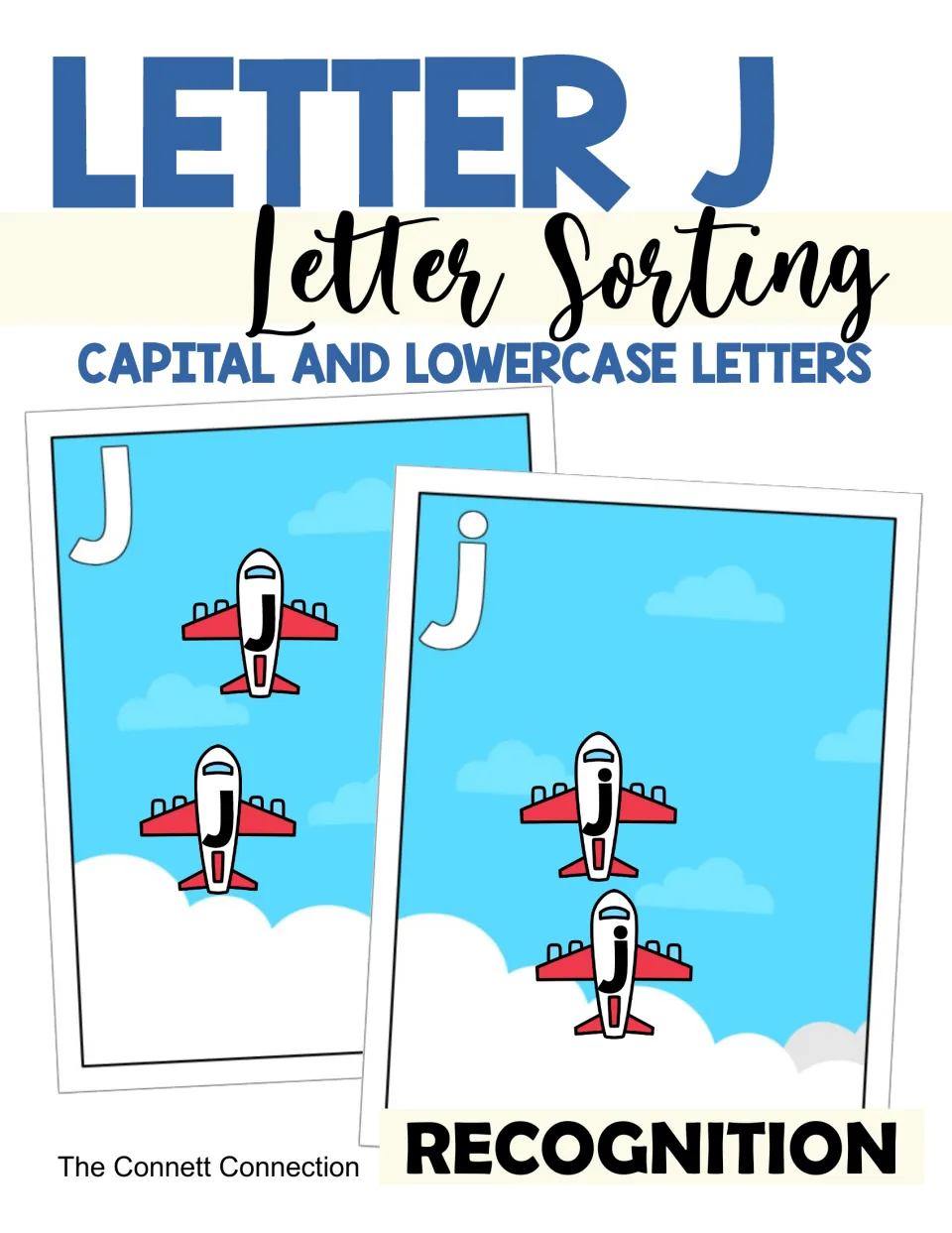 Letter J sorting cover: capital and lowercase J recognition, shown with airplane cards on two sky mats labeled J and j