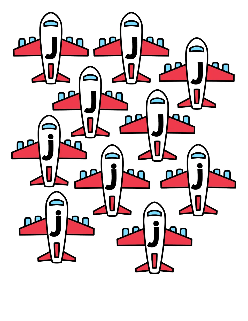 Airplane cards to cut out: 10 red planes, five marked capital J and five lowercase j, for sorting by letter case