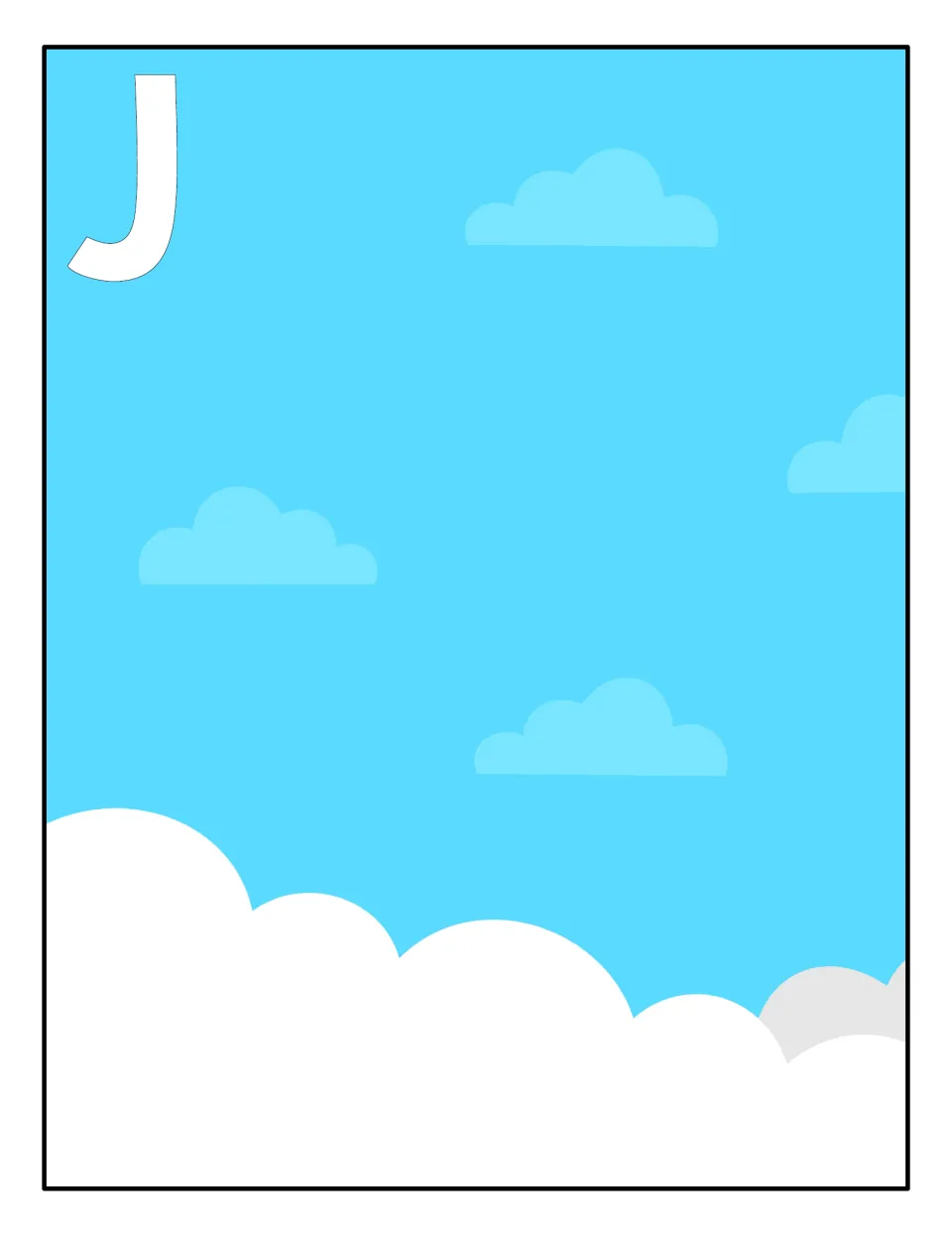Capital J sorting mat: sky scene with clouds and a large J where students place the planes showing uppercase J
