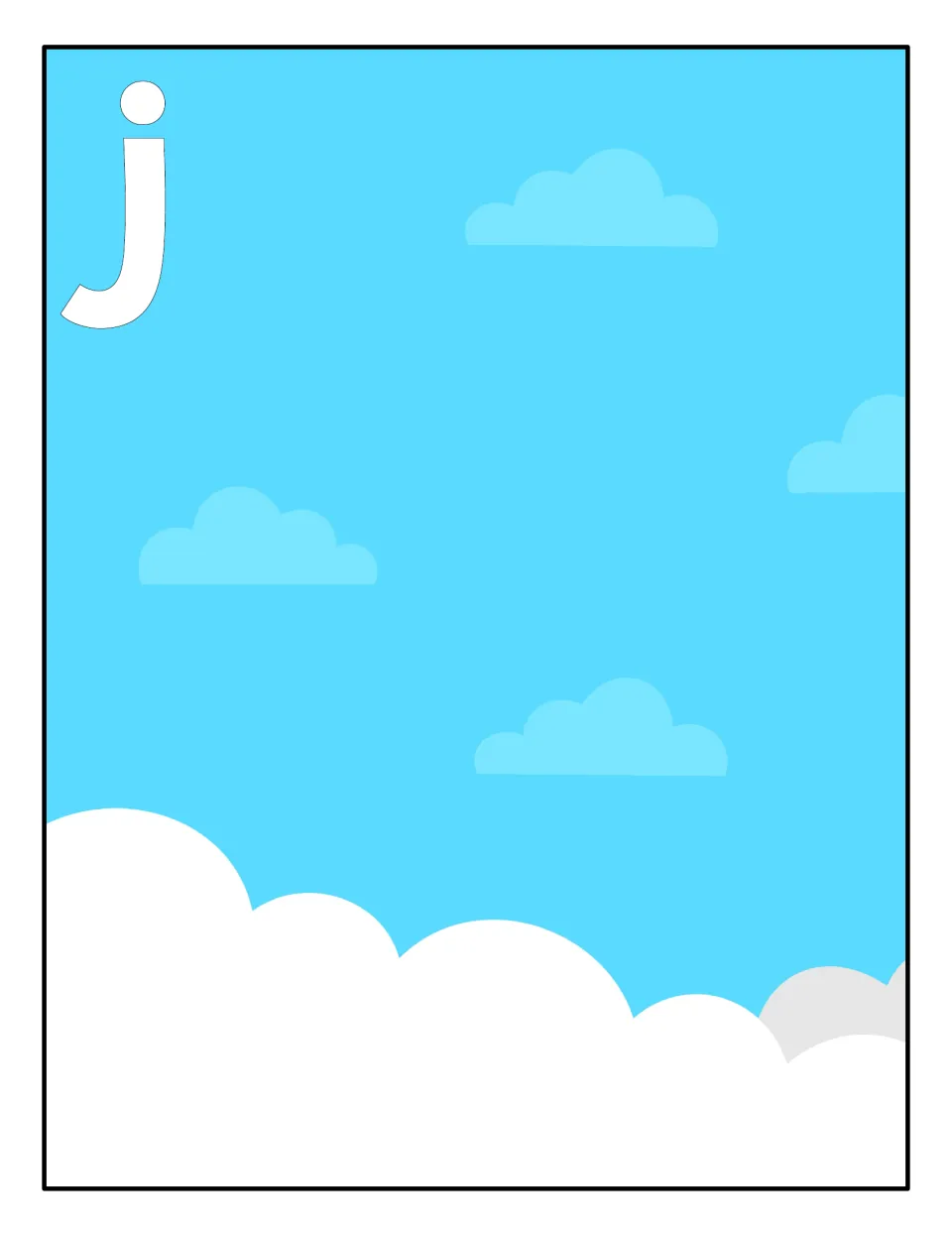 Lowercase j sorting mat: sky scene with clouds and a large j where students place the planes showing lowercase j
