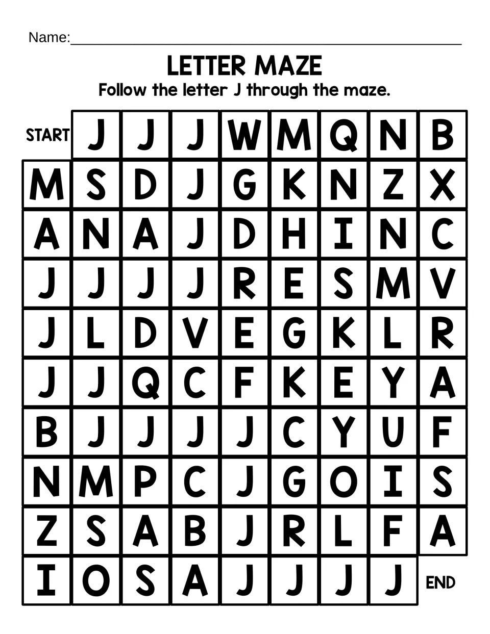 Uppercase J letter maze: students follow each capital J from START to END, practising letter recognition