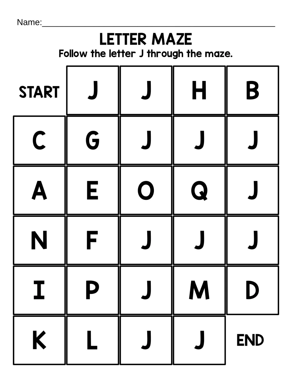 Short capital J maze: students trace a path of large J letters from START to END to practise recognizing J