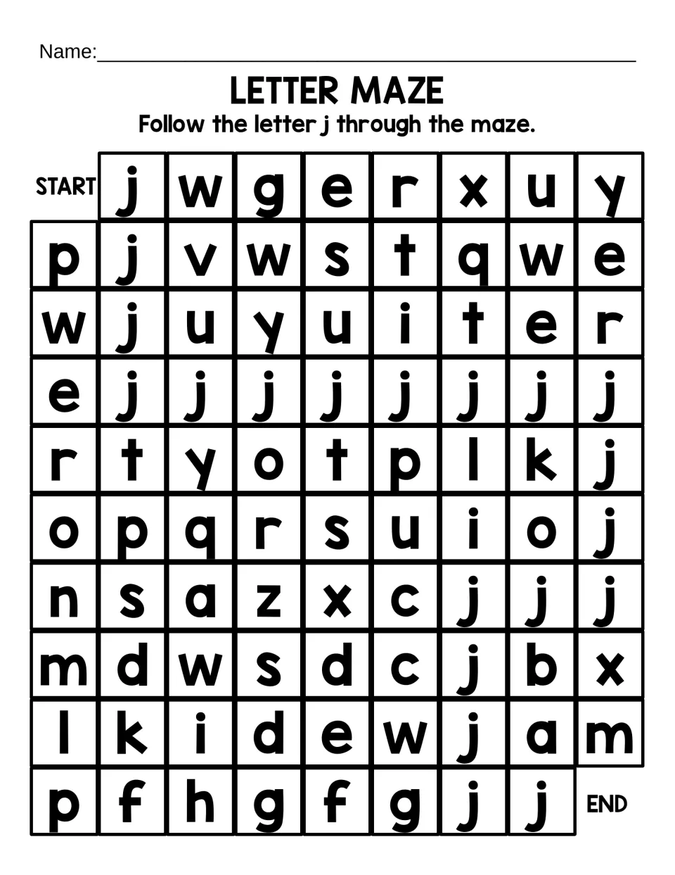 Lowercase j letter maze: students follow each small j from START to END among other lowercase letters to recognize j