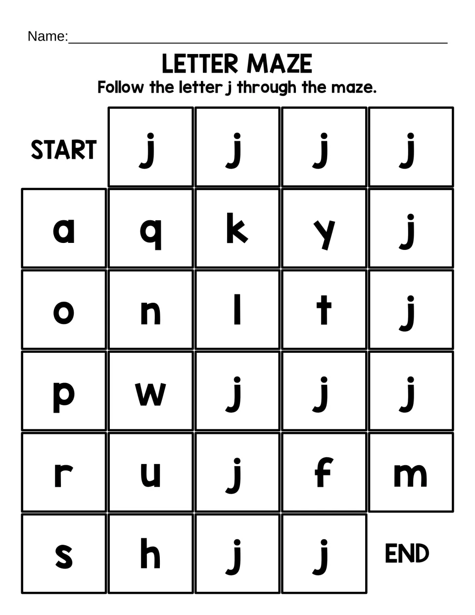 Short lowercase j maze: students trace a path of large j letters from START to END to practise identifying j