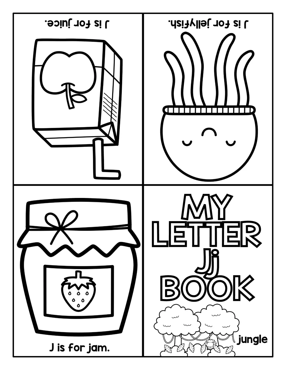 My Letter Jj Book printable: a jungle cover plus coloring pages for J is for jam, jellyfish and juice to fold into a book