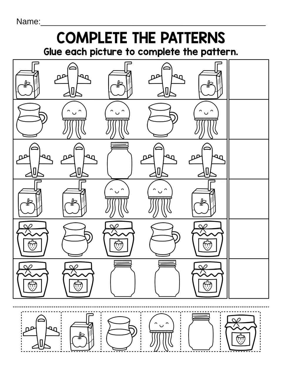 Complete the patterns: students glue cut-out jet, juice box, jug, jellyfish, jar and jam pictures to finish six J rows