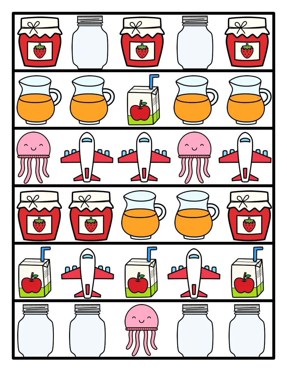 Color J pattern strips: six rows of jam, jars, jugs, juice boxes, jellyfish and jets repeating in AB and ABB patterns