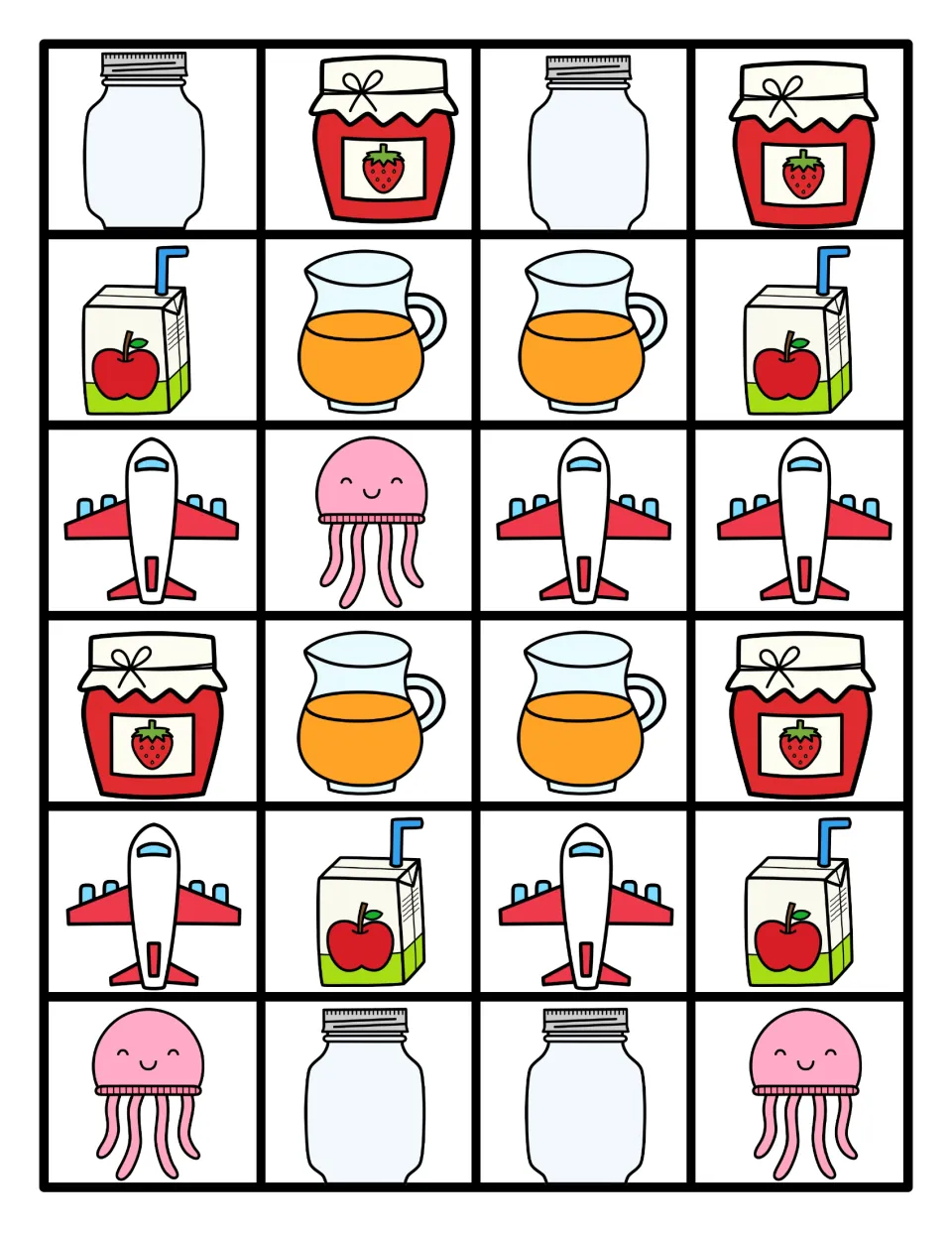 Color J picture squares: 24 images of jars, jam, juice boxes, jugs, jets and jellyfish set in short repeating sequences