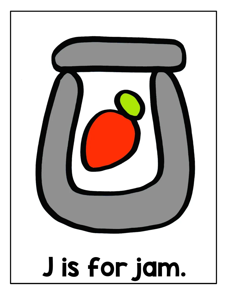 Letter J mat, "J is for jam": students shape dough over a jam jar drawing with red fruit to practise the J sound