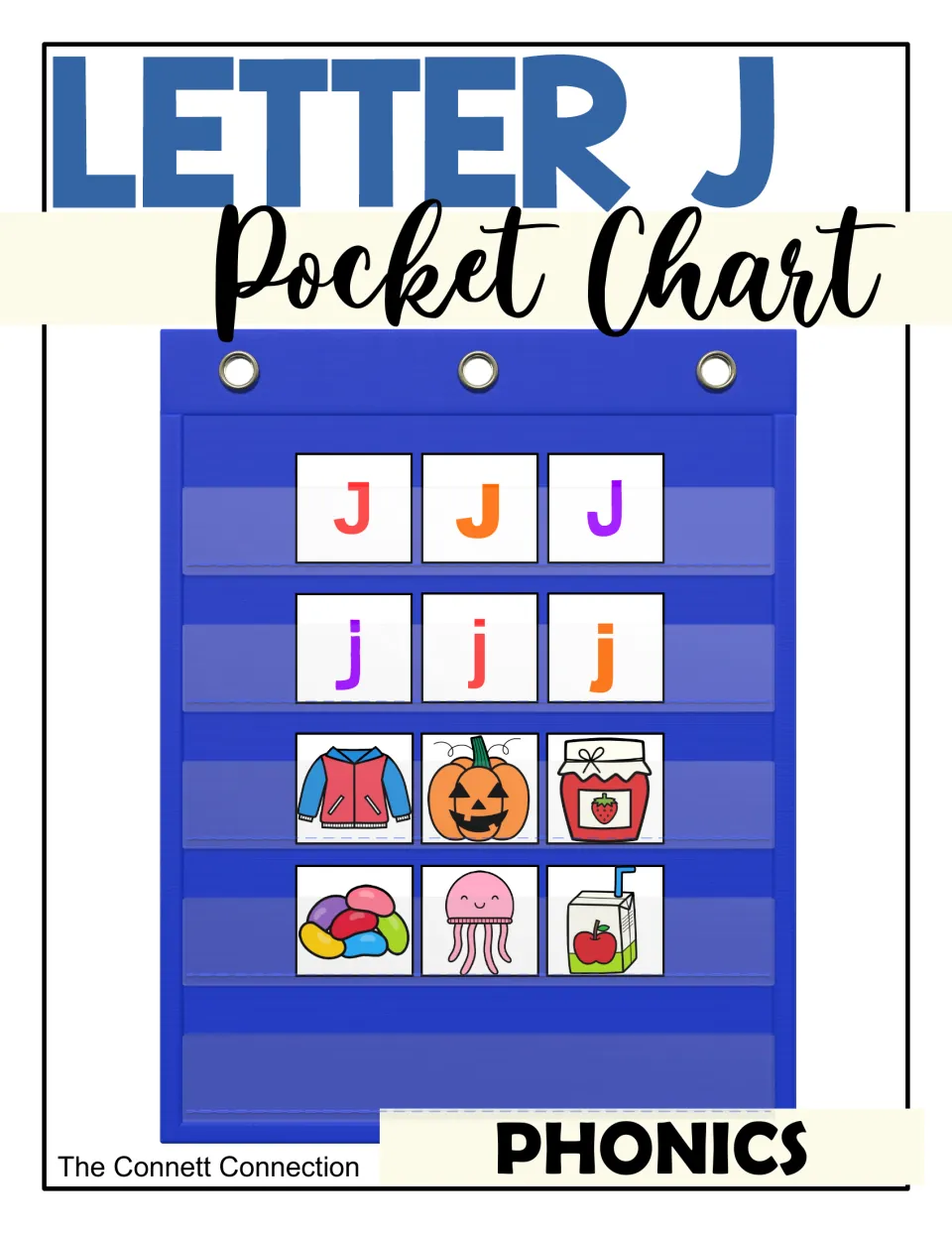 Letter J Pocket Chart cover: J and j letter cards with jacket, jack-o'-lantern, jam and jellyfish picture cards