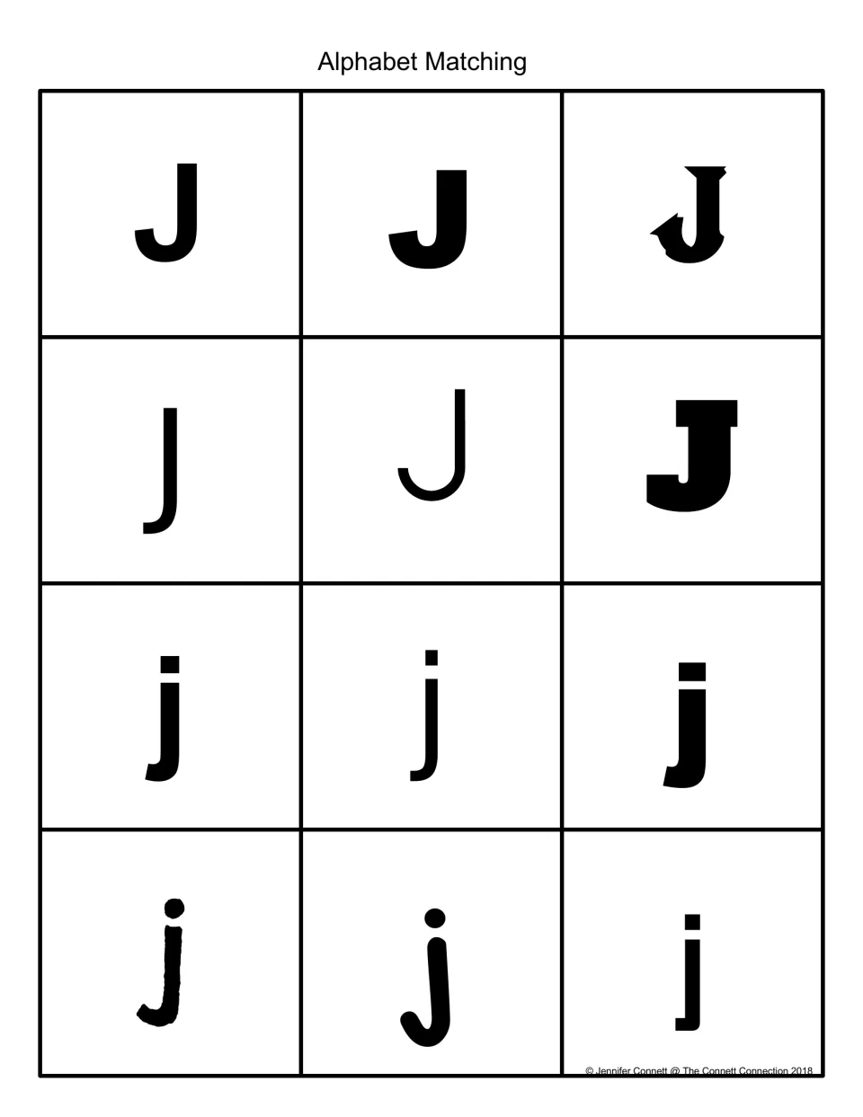 Alphabet matching: 12 black J and j letter cards in varied fonts for students to sort uppercase and lowercase forms