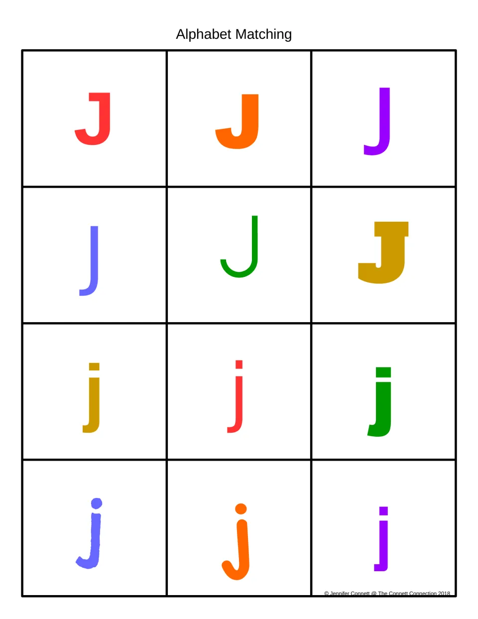 Alphabet matching: 12 colorful J and j letter cards in varied fonts so students recognize the letter in many styles