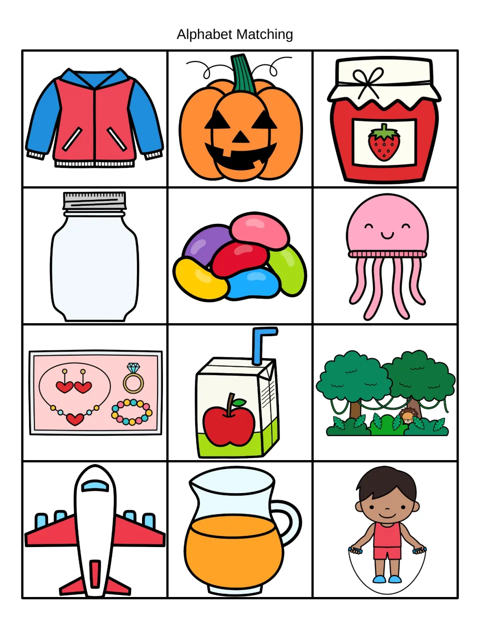 Alphabet matching: 12 picture cards for initial J sound, such as jacket, jam, jar, jelly beans, jet, juice and jump rope