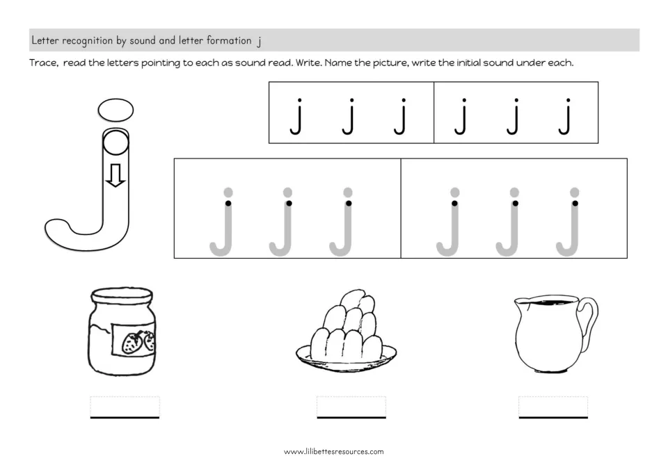 Letter j formation: students read and trace rows of j, then name jam, jelly and jug and write each initial sound