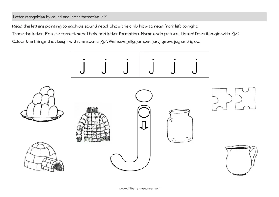 Hearing /j/: students trace a large j, name jelly, jumper, jar, jigsaw, jug and igloo, and colour those beginning with /j/