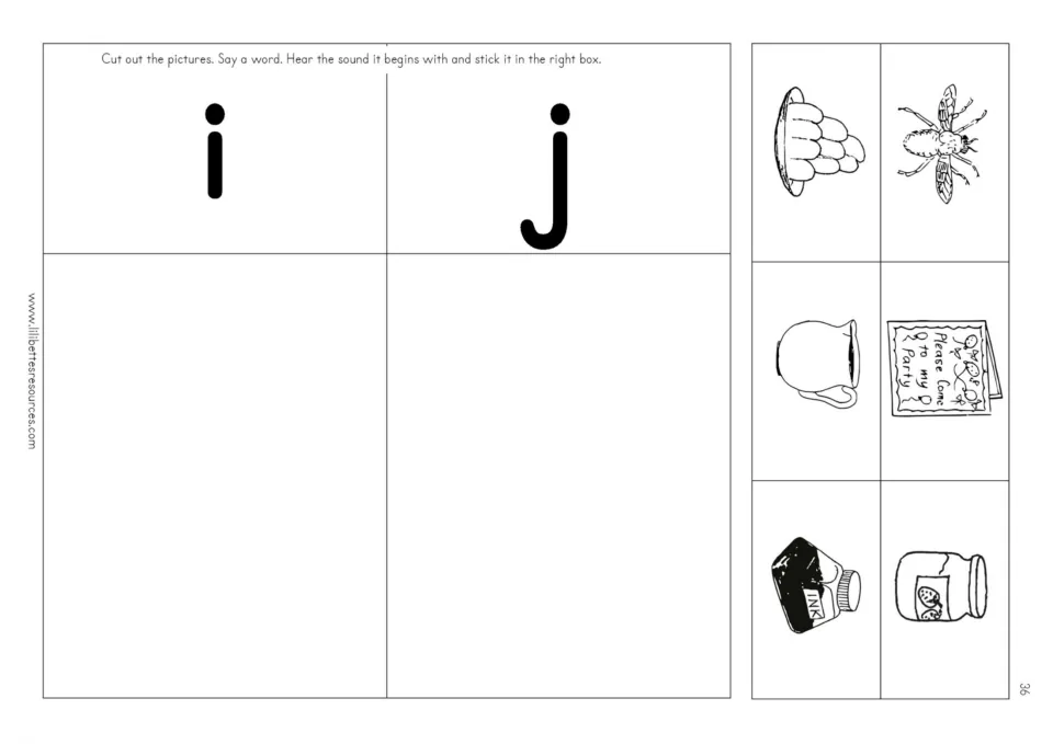 Sorting initial sounds i and j: students cut out jelly, insect, jug, invitation, ink and jam and stick each under i or j