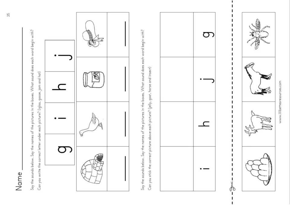 Initial sounds g, i, h, j: students write the letter under igloo, goose, jam, hat and stick jelly, goat, horse, insect