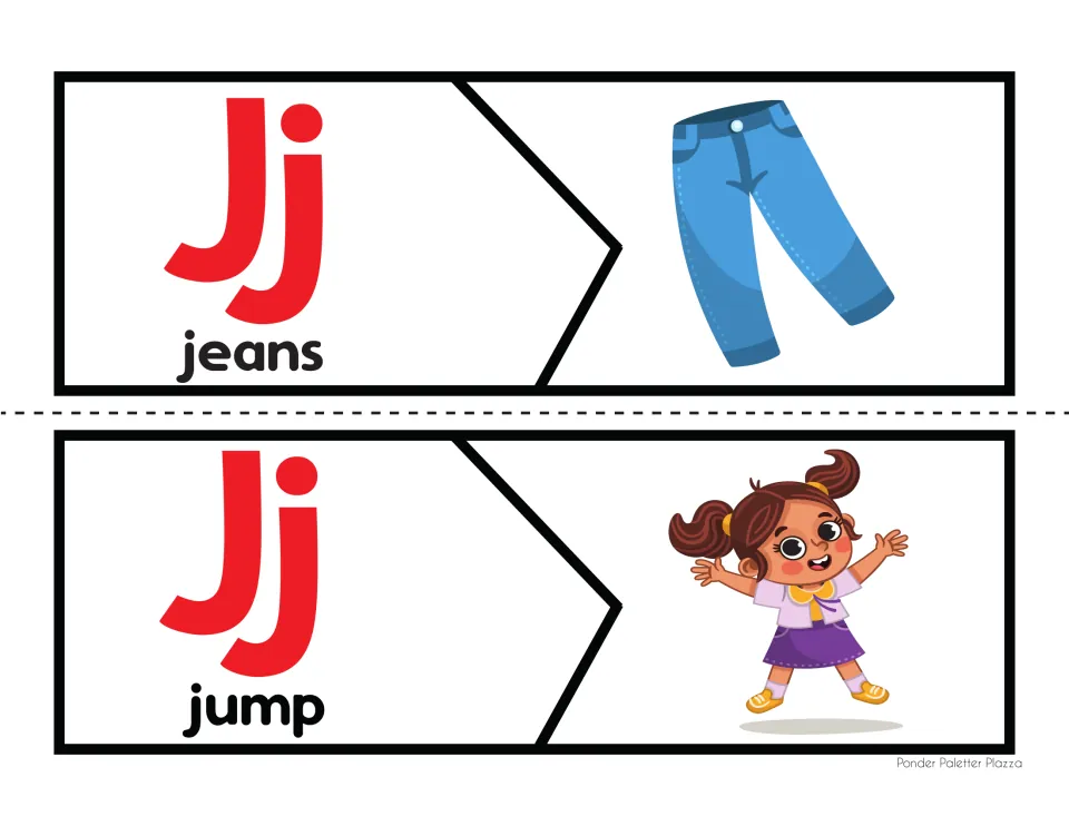 Letter J beginning sound puzzles: students match each Jj word piece, jeans and jump, to its picture of jeans or a girl
