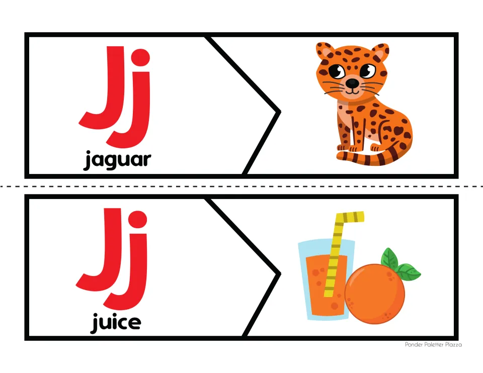 Jj initial sound matching: students join the jaguar and juice word pieces to pictures of a jaguar and orange juice