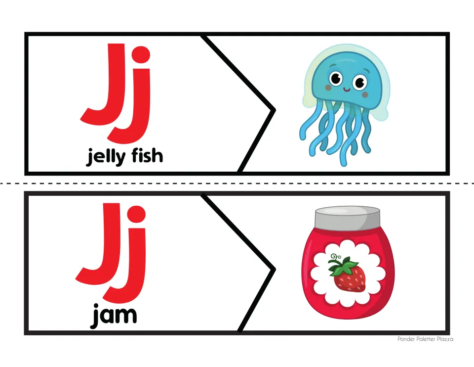 J sound picture puzzles: students pair the jelly fish and jam word pieces with a jellyfish and a strawberry jam jar