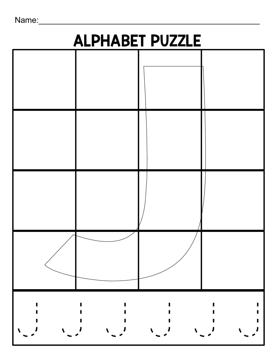 Uppercase J mat for the 16-piece alphabet puzzle, with a letter outline and six capital Js to trace