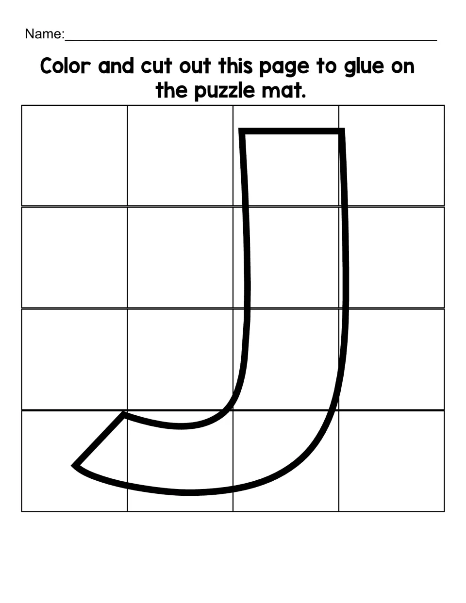 Uppercase J coloring and cutting sheet with 16 puzzle pieces to assemble and glue onto the matching mat