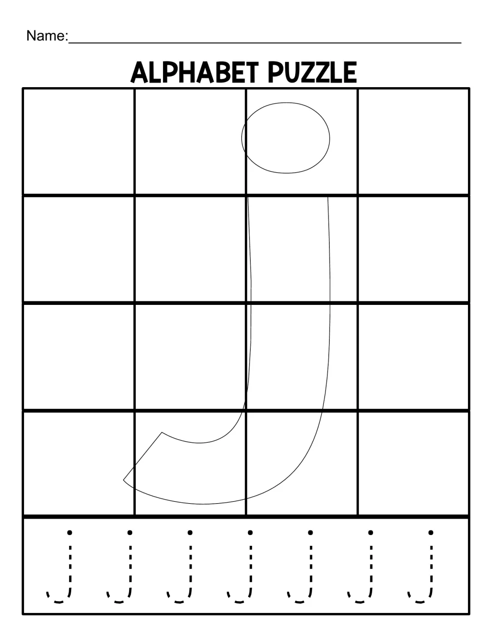 Lowercase j mat for the 16-piece alphabet puzzle, with a letter outline and seven lowercase js to trace