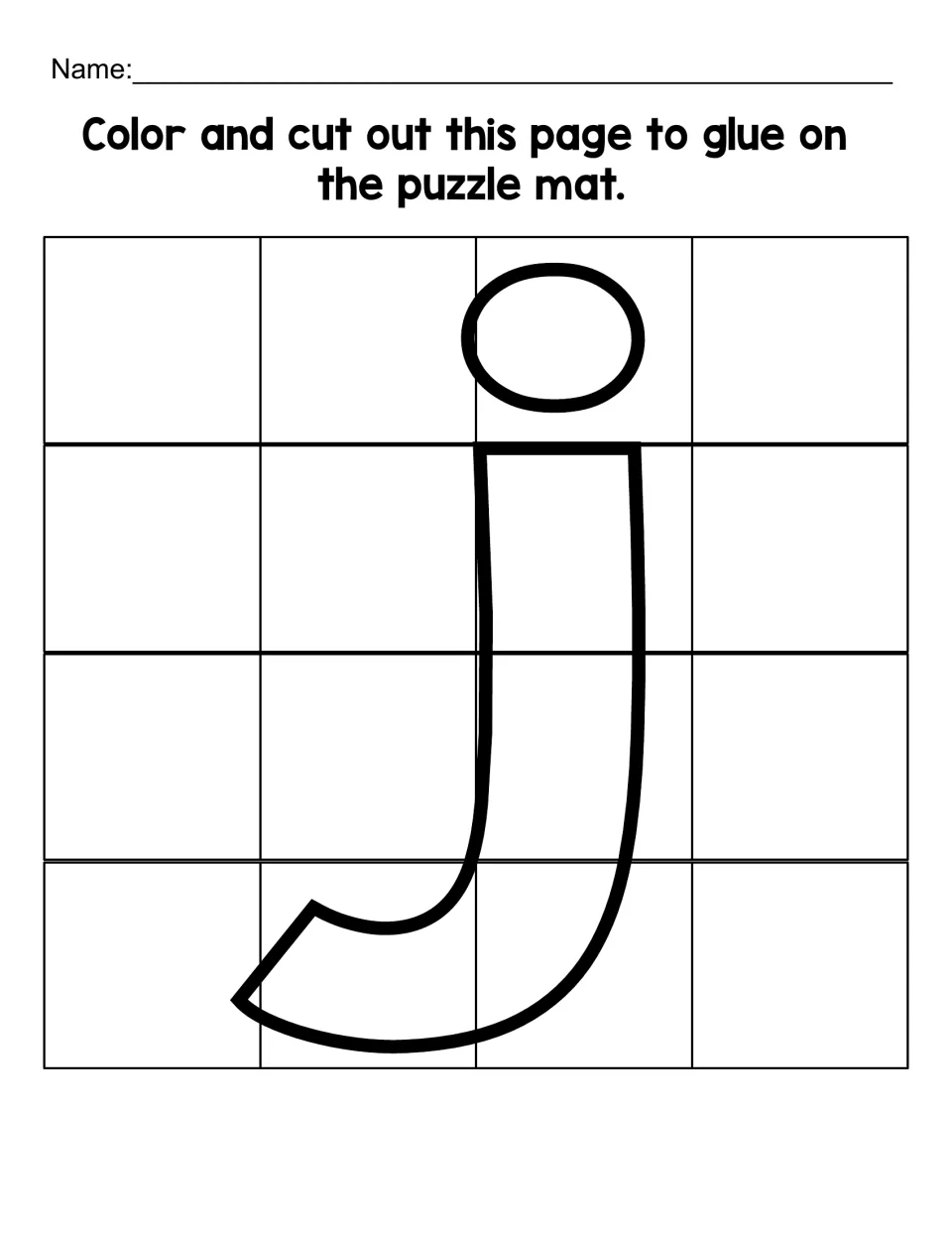 Lowercase j coloring and cutting sheet with 16 puzzle pieces to assemble and glue onto the matching mat