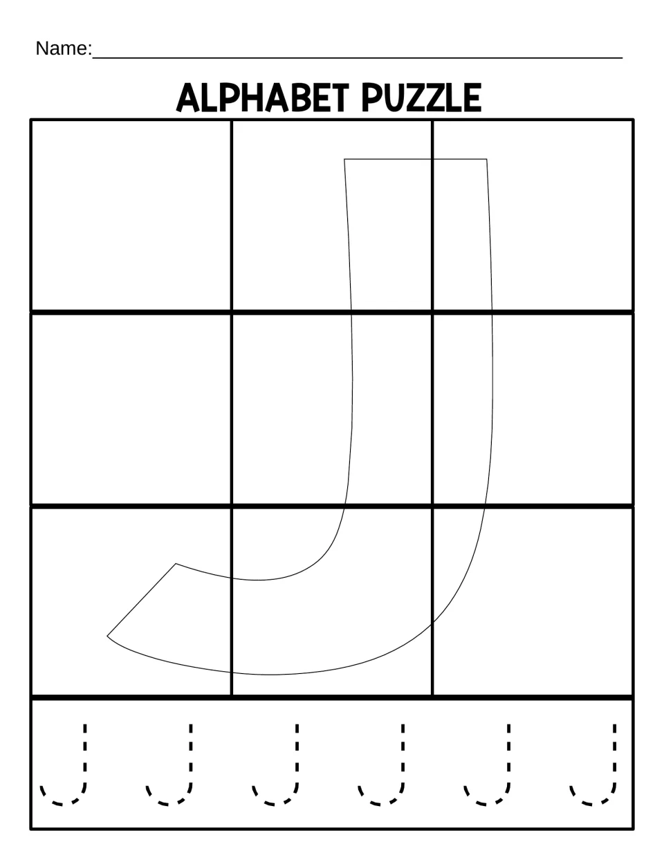 Uppercase J mat for the 9-piece alphabet puzzle, with a letter outline and six capital Js to trace