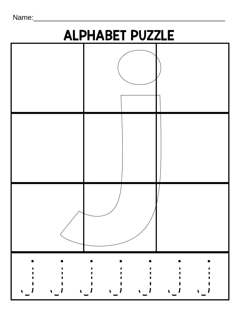 Lowercase j mat for the 9-piece alphabet puzzle, with a letter outline and seven lowercase js to trace