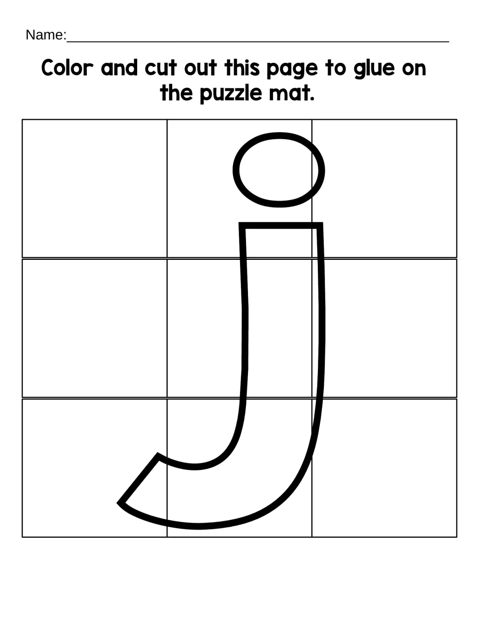 Lowercase j coloring and cutting sheet with nine puzzle pieces to assemble and glue onto the matching mat