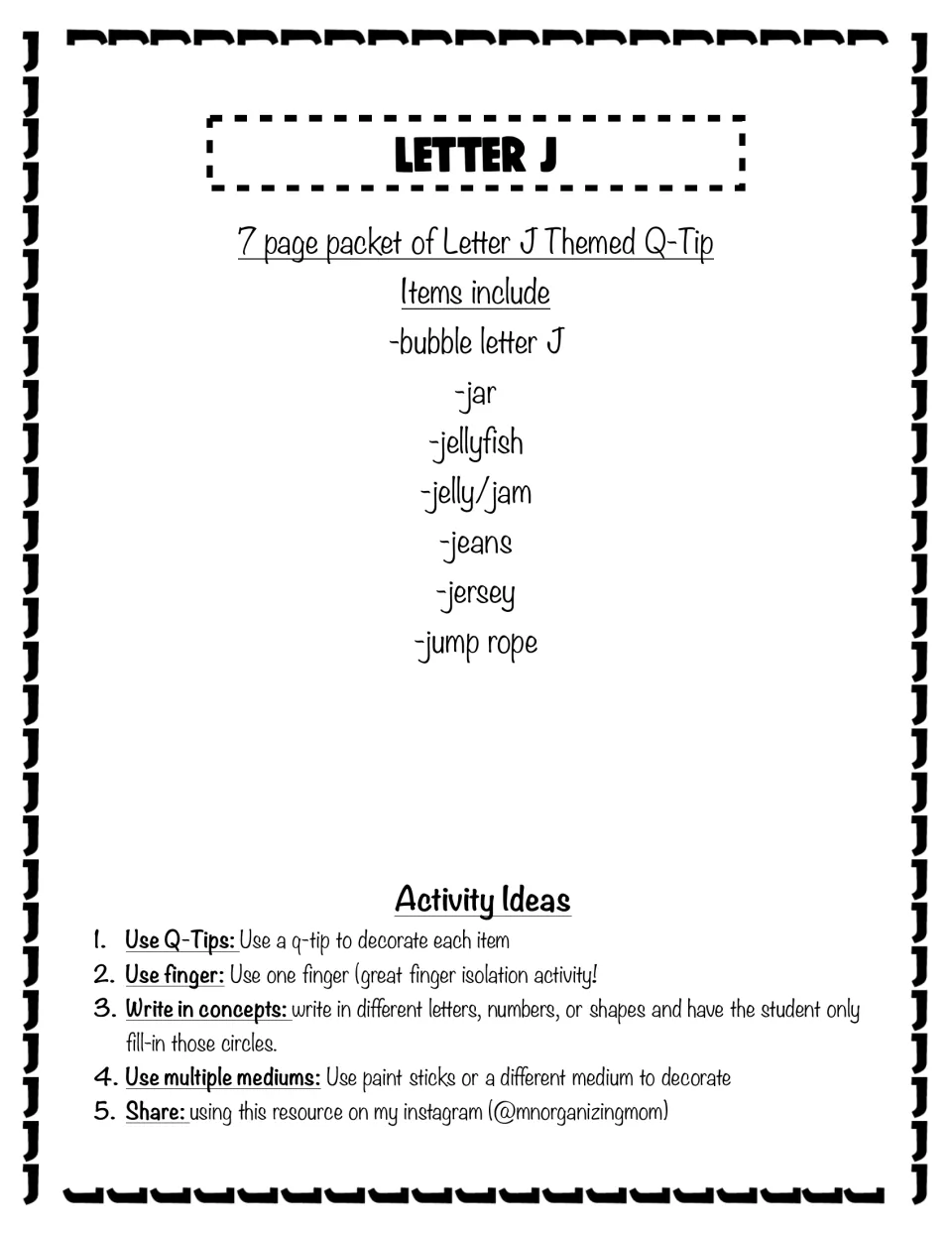 Letter J packet contents: bubble J, jar, jellyfish, jelly, jeans, jersey and jump rope dot pages, plus 5 activity ideas