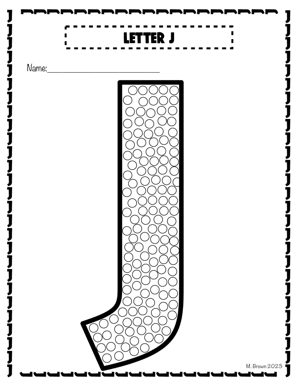 Bubble letter J filled with small circles: students dab each circle with a Q-tip or finger to form capital J