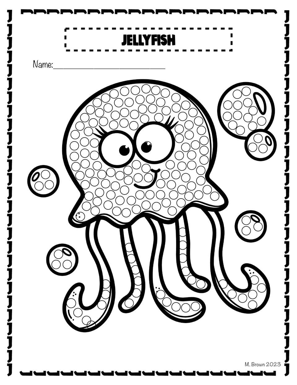 Jellyfish for letter J: students dot the circles on a smiling jellyfish, its tentacles and nearby bubbles with a Q-tip