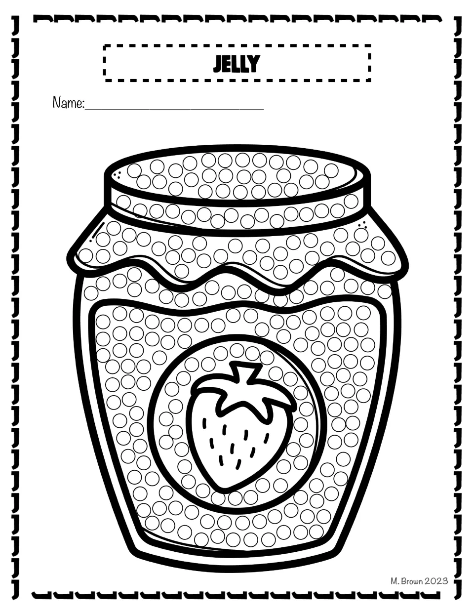 Jelly jar for letter J: students fill the circles on a jam jar with a strawberry label using Q-tip dots
